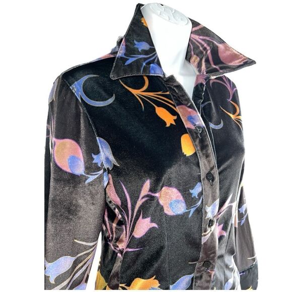 BARRAGÁN Velvet Floral Woman Shirt Vintage Style Stretch Comfort Wear Size XS - Picture 3 of 8